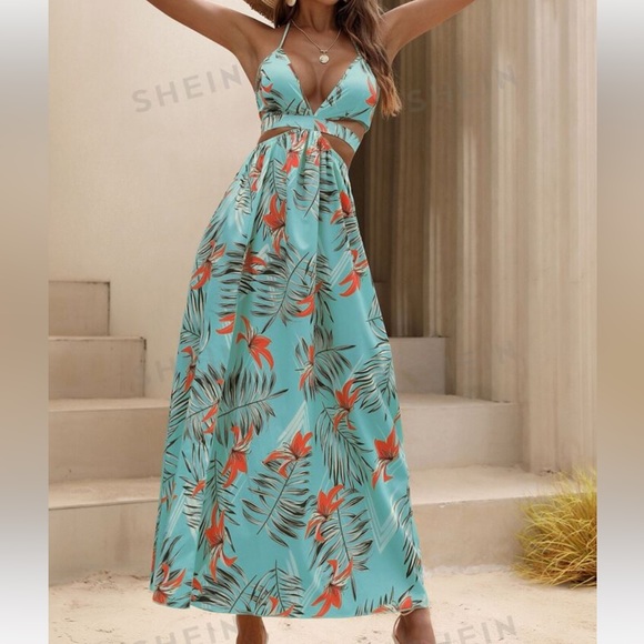 Tropical Print Backless Dress with Slit - Picture 1 of 7